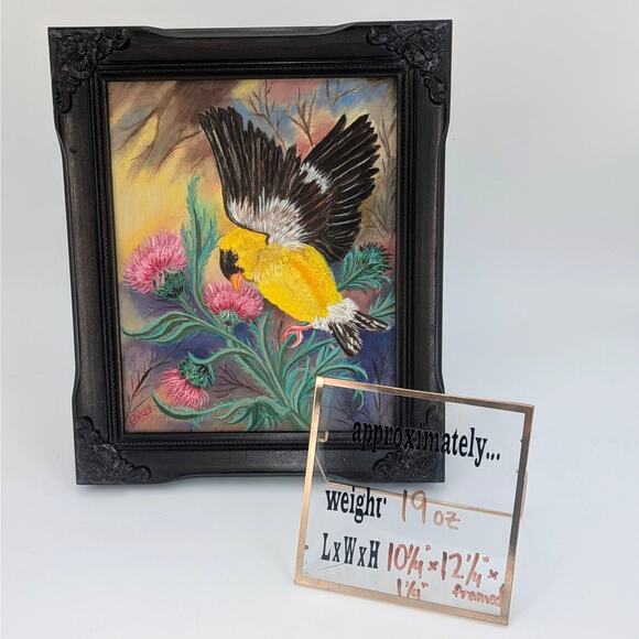 Goldfinch Bird Thistle Painting Framed Original Art 8x10 Canvas Signed Acrylic - Picture 11 of 11